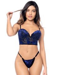 Ensemble sexy 2 pièces en velours floral avec bustier à armatures et string réglable Mapalé - MAL8939BKB