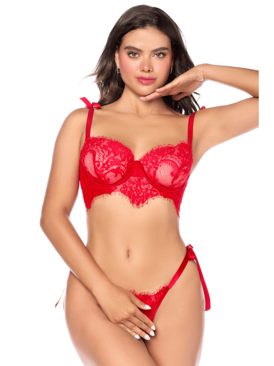Ensemble sexy 2 pièces en dentelle avec bretelles et string à nouer Mapalé - MAL8968RED