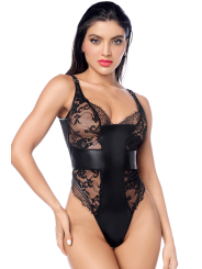 Body sexy en dentelle transparente et similicuir contrasté Mapalé - MAL2805BLK