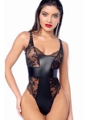 Body sexy en dentelle transparente et similicuir contrasté Mapalé - MAL2805BLK