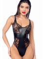 Body sexy en dentelle transparente et similicuir contrasté Mapalé - MAL2805BLK