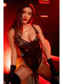 Body sexy en dentelle transparente et similicuir contrasté Mapalé - MAL2805BLK