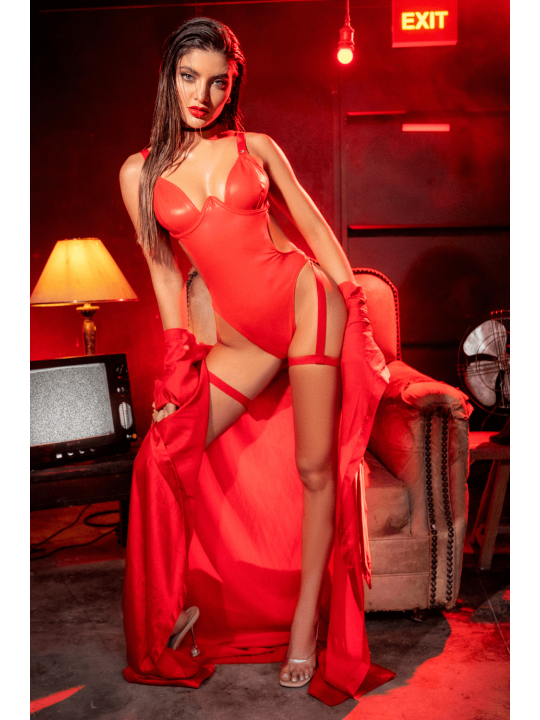 Body sexy en similicuir avec armatures et porte-jarretelles amovible Mapalé - MAL2810RED