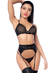 Ensemble sexy 3 pièces en résille intégrale avec porte-jarretelles Mapalé - MAL2806BLK