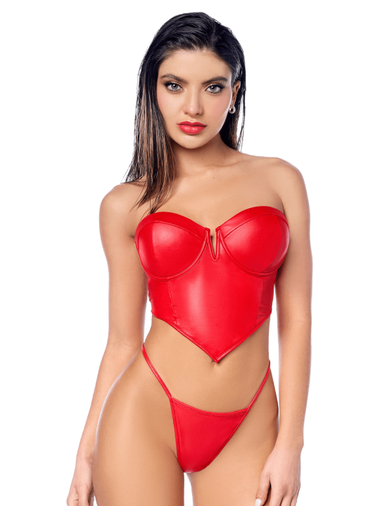 Ensemble sexy 2 pièces en similicuir avec bustier structuré et string Mapalé - MAL2809RED
