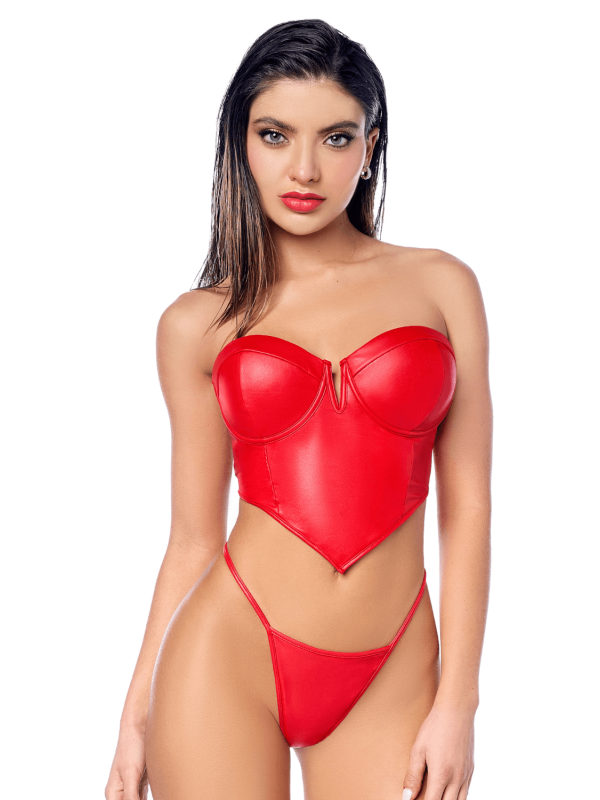 Ensemble sexy 2 pièces en similicuir avec bustier structuré et string Mapalé - MAL2809RED