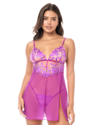 Babydoll sexy en résille brodée florale et string - MAL7614AZAL