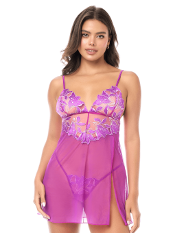 Babydoll sexy en résille brodée florale et string - MAL7614AZAL