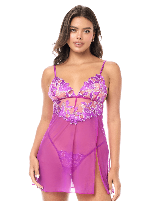 Babydoll sexy en résille brodée florale et string - MAL7614AZAL