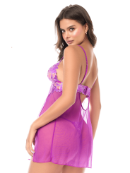 Babydoll sexy en résille brodée florale et string - MAL7614AZAL