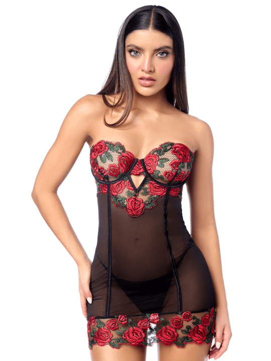 Babydoll sexy à armatures Mapalé broderie roses et string - MAL7619BKRD
