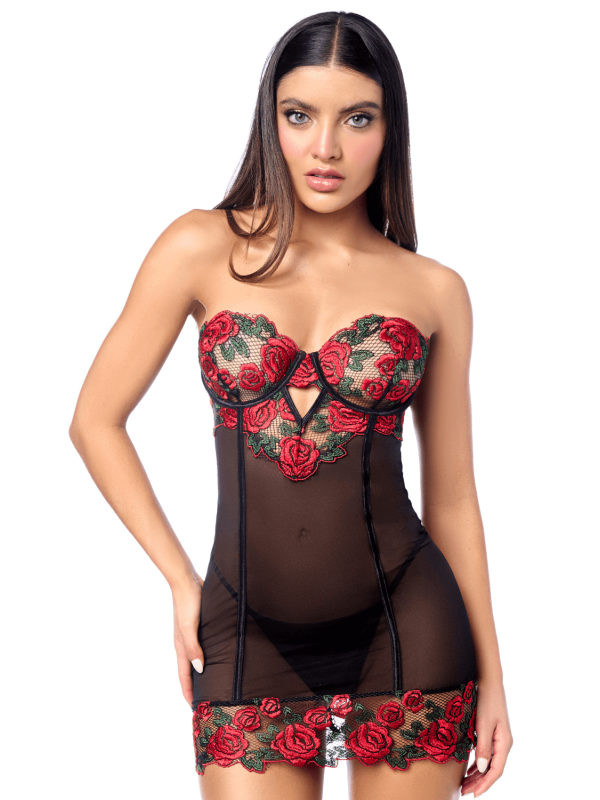 Babydoll sexy à armatures Mapalé broderie roses et string - MAL7619BKRD