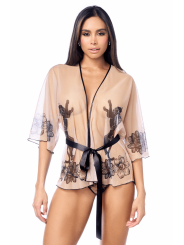 Peignoir sexy en résille imprimée transparente avec string - MAL7615NUBK