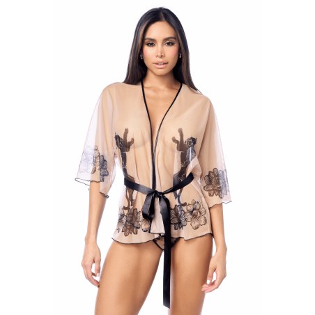 Peignoir sexy en résille imprimée transparente avec string - MAL7615NUBK