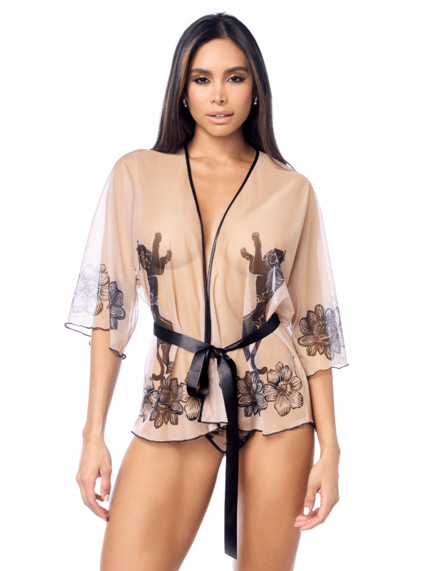 Peignoir sexy en résille imprimée transparente avec string - MAL7615NUBK