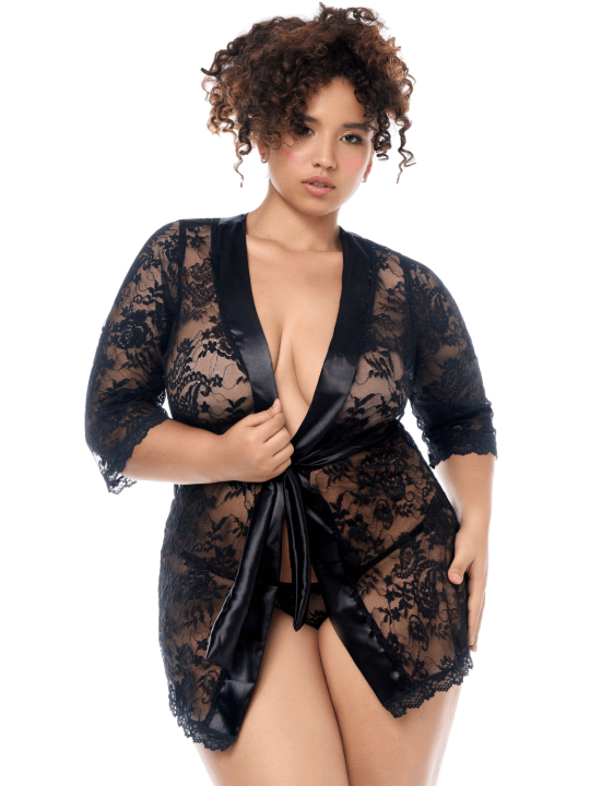 Peignoir en dentelle grande taille Mapalé avec string assorti - MAL7618XBLK