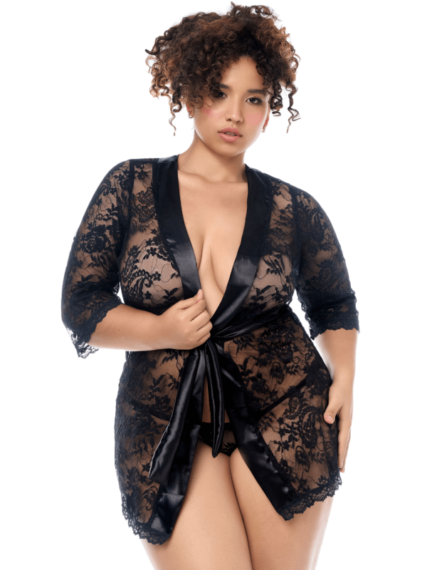 Peignoir en dentelle grande taille Mapalé avec string assorti - MAL7618XBLK