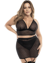 Soutien-gorge, string et jupe, grande taille, résille noire 
