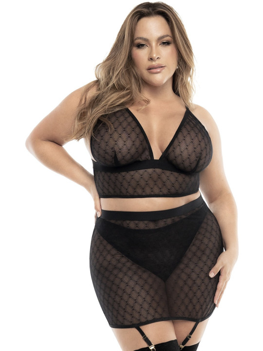 Soutien-gorge, string et jupe, grande taille, résille noire 