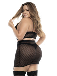 Soutien-gorge, string et jupe, grande taille, résille noire 