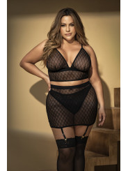 Soutien-gorge, string et jupe, grande taille, résille noire 