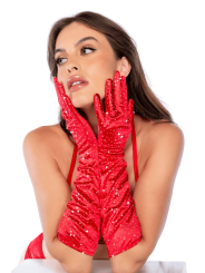 Une paire de gants satinés rouges avec strass - Mapalé