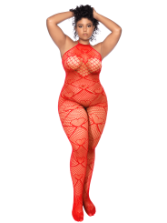 Bodystocking grande taille en résille rouge à motif cœur, orné de strass, ouvert à l’entrejambe - Mapalé