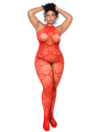 Bodystocking grande taille en résille rouge à motif cœur, orné de strass, ouvert à l’entrejambe - Mapalé