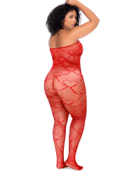 Bodystocking grande taille en résille rouge à motif cœur, orné de strass, ouvert à l’entrejambe - Mapalé