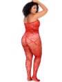 Bodystocking grande taille en résille rouge à motif cœur, orné de strass, ouvert à l’entrejambe - Mapalé