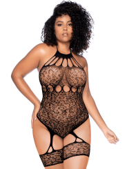 Body grande taille en résille léopard noir à tour de cou et jarretières intégrées - Mapalé