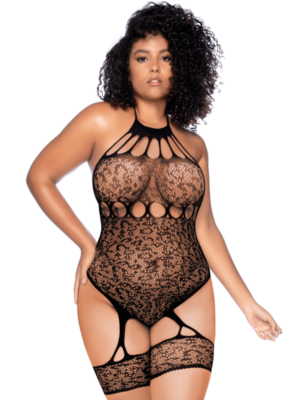 Body grande taille en résille léopard noir à tour de cou et jarretières intégrées - Mapalé