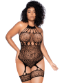 Body grande taille en résille léopard noir à tour de cou et jarretières intégrées - Mapalé