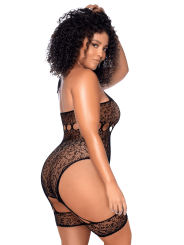 Body grande taille en résille léopard noir à tour de cou et jarretières intégrées - Mapalé