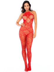 Bodystocking en résille rouge à motif cœur, orné de strass, ouvert à l’entrejambe - Mapalé