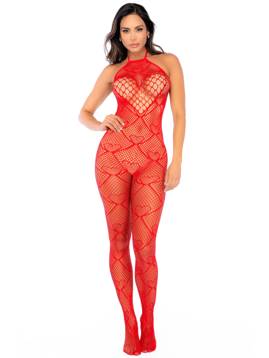 Bodystocking en résille rouge à motif cœur, orné de strass, ouvert à l’entrejambe - Mapalé
