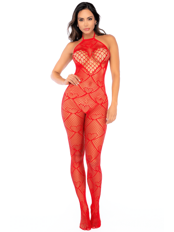 Bodystocking en résille rouge à motif cœur, orné de strass, ouvert à l’entrejambe - Mapalé