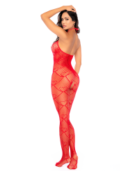 Bodystocking en résille rouge à motif cœur, orné de strass, ouvert à l’entrejambe - Mapalé