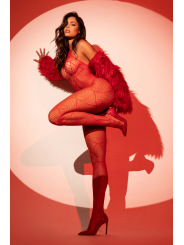 Bodystocking en résille rouge à motif cœur, orné de strass, ouvert à l’entrejambe - Mapalé