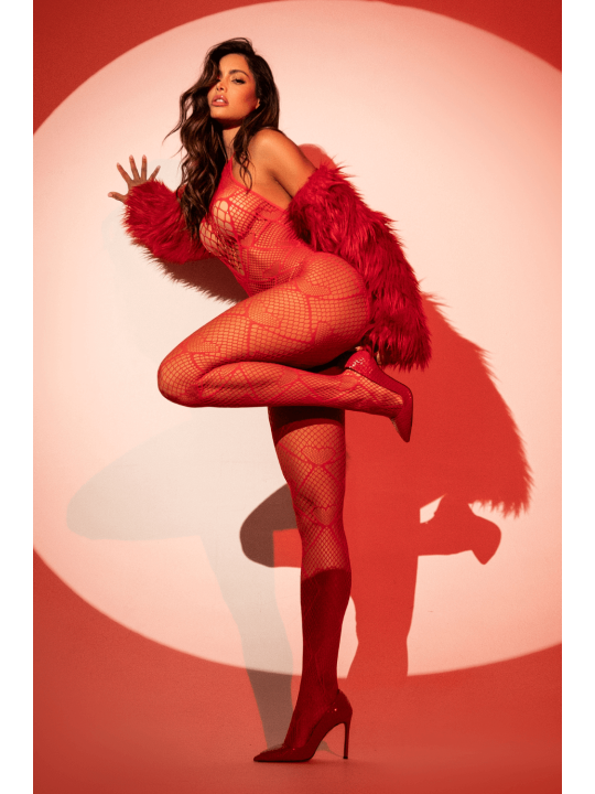 Bodystocking en résille rouge à motif cœur, orné de strass, ouvert à l’entrejambe - Mapalé