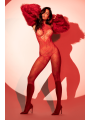 Bodystocking en résille rouge à motif cœur, orné de strass, ouvert à l’entrejambe - Mapalé