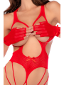 Body en résille rouge, seins nus avec gants assortis - Mapalé