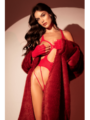 Body en résille rouge, seins nus avec gants assortis - Mapalé