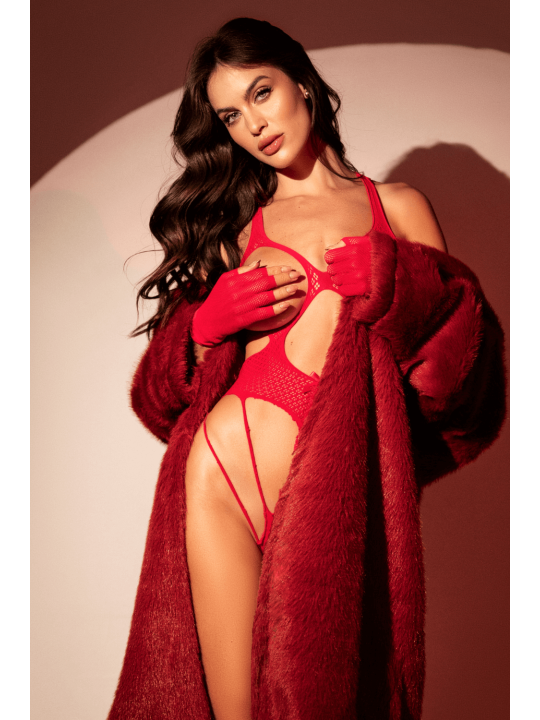 Body en résille rouge, seins nus avec gants assortis - Mapalé