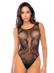 Body noir en résille motif serpent, orné de strass, ouvert à l’entrejambe - Mapalé