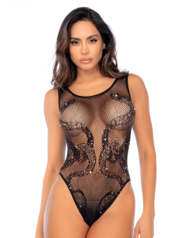 Body noir en résille motif serpent, orné de strass, ouvert à l’entrejambe - Mapalé