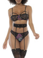 Deux-en-un, nuisette et ensemble trois pièces noir, tissu fleur exotique 