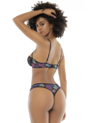Deux-en-un, nuisette et ensemble trois pièces noir, tissu fleur exotique 
