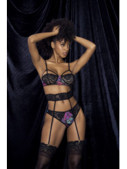 Deux-en-un, nuisette et ensemble trois pièces noir, tissu fleur exotique 