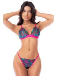 Ensemble lingerie 3 pièces bleu et rose brodé avec sequins – Mapalé